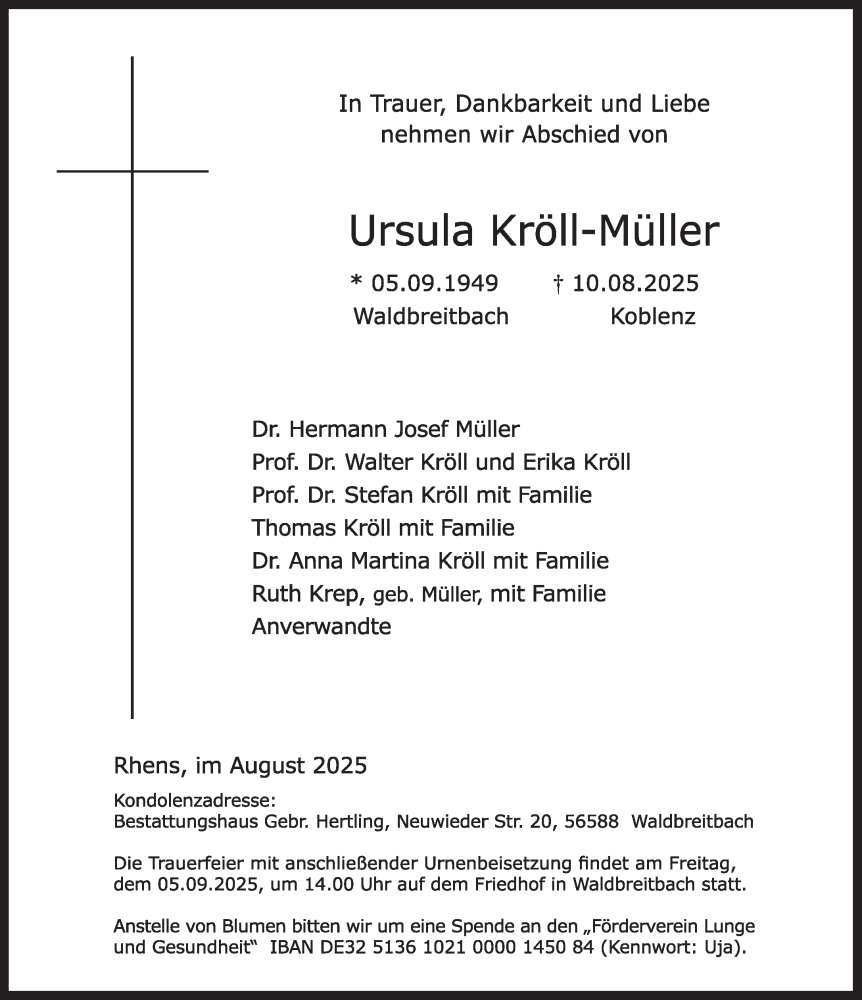  Traueranzeige für Ursula Kröll-Müller vom 23.08.2025 aus trierischer_volksfreund