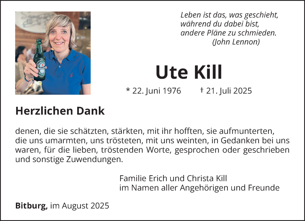  Traueranzeige für Ute Kill vom 30.08.2025 aus trierischer_volksfreund