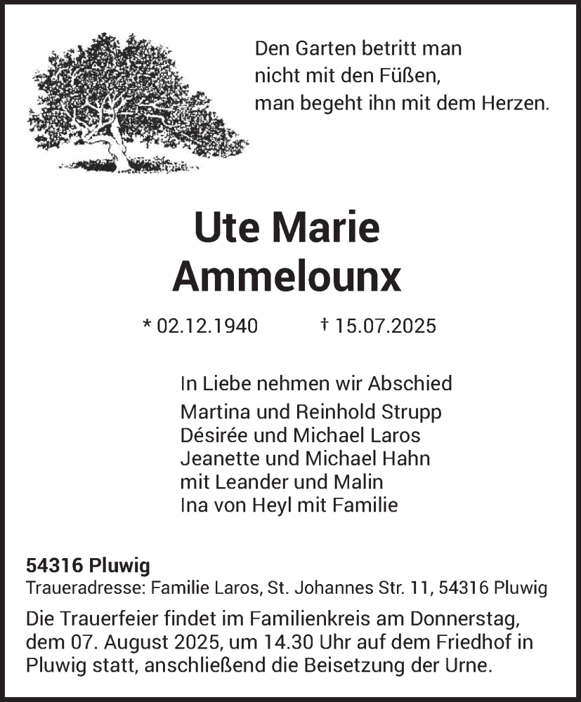  Traueranzeige für Ute Marie Ammelounx vom 02.08.2025 aus trierischer_volksfreund