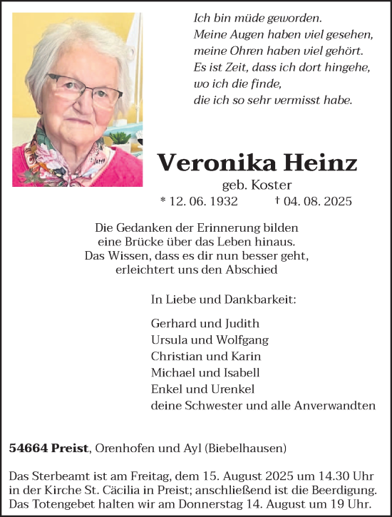 Traueranzeige von Veronika Heinz von trierischer_volksfreund