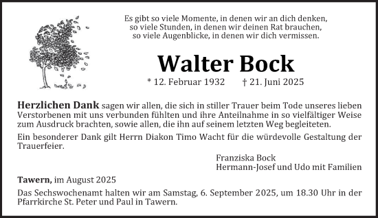 Traueranzeige von Walter Bock von trierischer_volksfreund