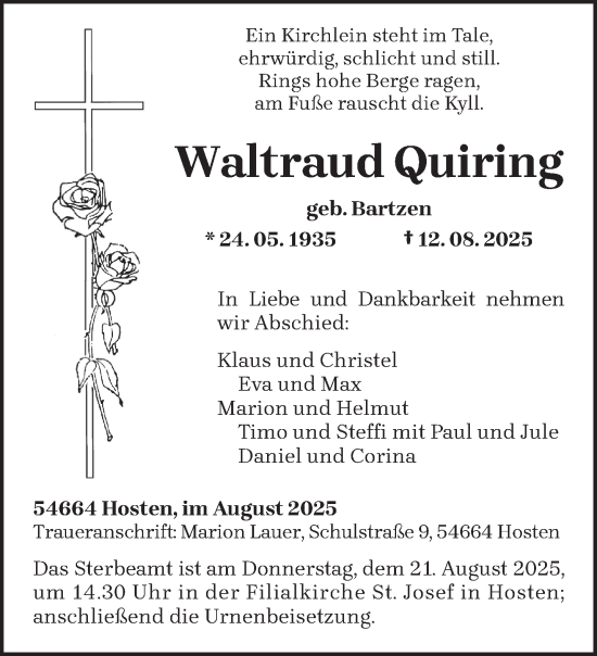 Traueranzeige von Waltraud Quiring von trierischer_volksfreund
