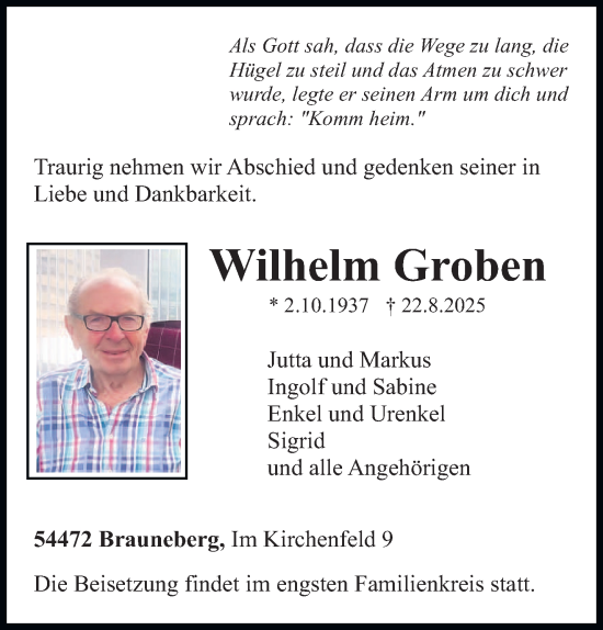 Traueranzeige von Wilhelm Groben von trierischer_volksfreund