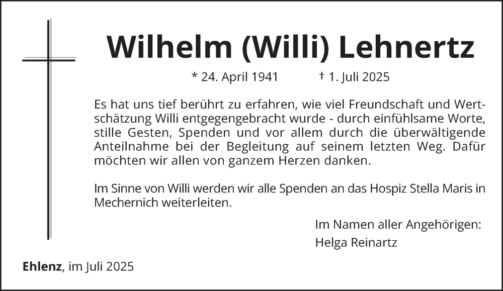  Traueranzeige für Wilhelm Lehnertz vom 09.08.2025 aus trierischer_volksfreund