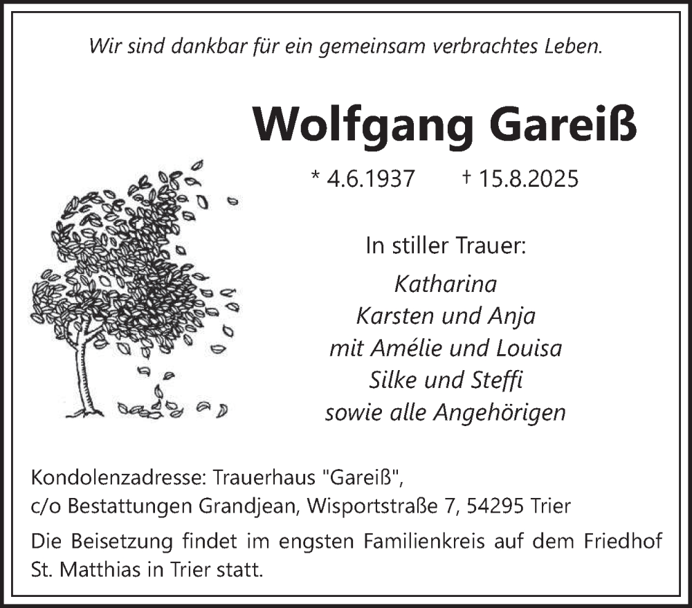  Traueranzeige für Wolfgang Gareiß vom 23.08.2025 aus trierischer_volksfreund