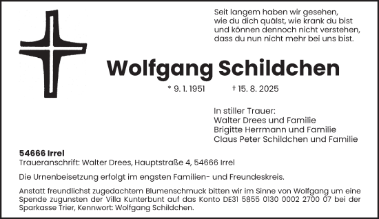 Traueranzeige von Wolfgang Schildchen von trierischer_volksfreund