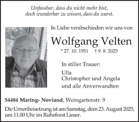 Traueranzeige von Wolfgang Velten von trierischer_volksfreund