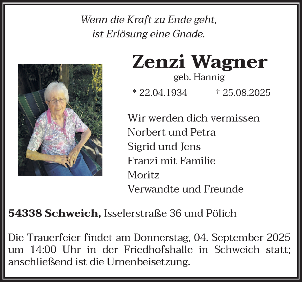  Traueranzeige für Zenzi Wagner vom 30.08.2025 aus trierischer_volksfreund