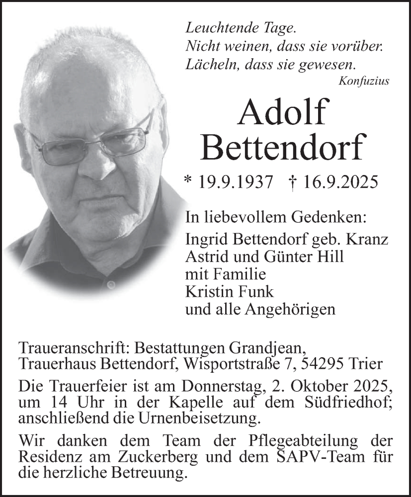  Traueranzeige für Adolf Bettendorf vom 27.09.2025 aus trierischer_volksfreund