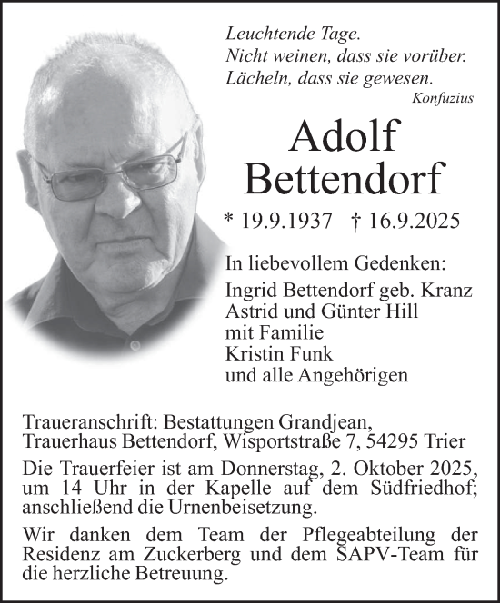 Traueranzeige von Adolf Bettendorf von trierischer_volksfreund