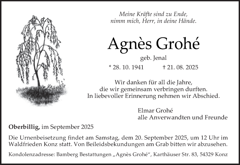  Traueranzeige für Agnès Grohé vom 13.09.2025 aus trierischer_volksfreund