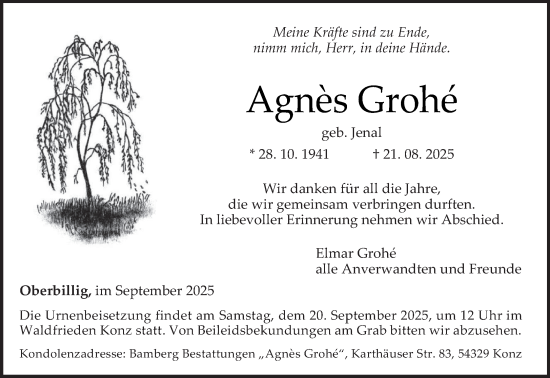 Traueranzeige von Agnès Grohé von trierischer_volksfreund