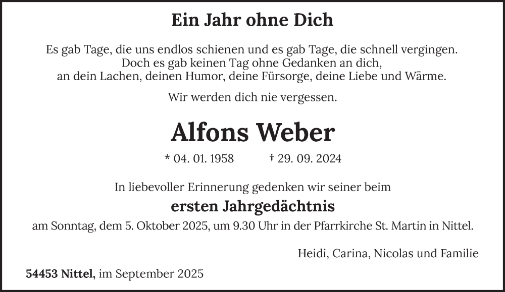 Traueranzeige für Alfons Weber vom 27.09.2025 aus trierischer_volksfreund