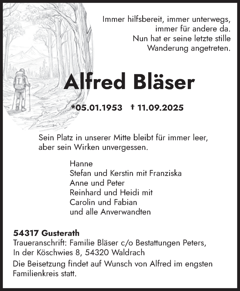  Traueranzeige für Alfred Bläser vom 20.09.2025 aus trierischer_volksfreund