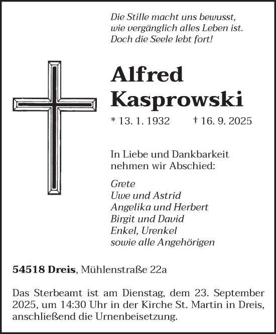 Traueranzeige von Alfred Kasprowski von trierischer_volksfreund