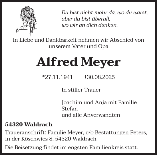 Traueranzeige von Alfred Meyer von trierischer_volksfreund