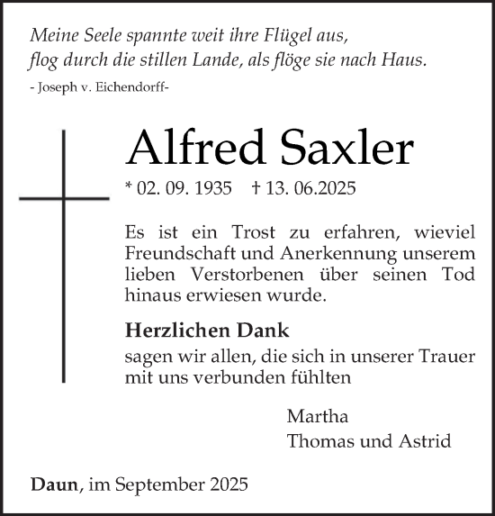 Traueranzeige von Alfred Saxler von trierischer_volksfreund