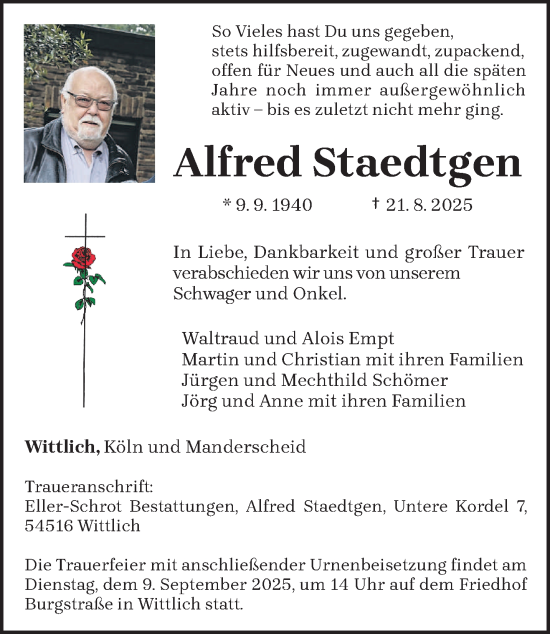 Traueranzeige von Alfred Staedtgen von trierischer_volksfreund