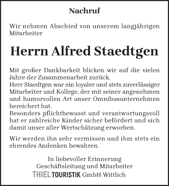 Traueranzeige von Alfred Staedtgen von trierischer_volksfreund
