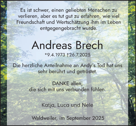 Traueranzeige von Andreas Brech von trierischer_volksfreund