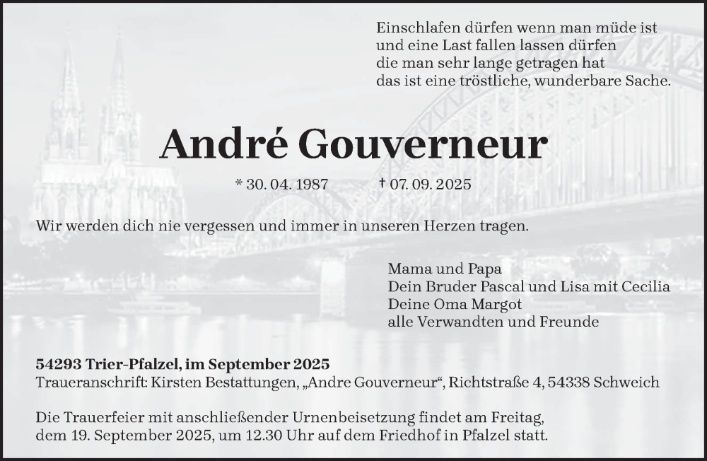  Traueranzeige für André Gouverneur vom 13.09.2025 aus trierischer_volksfreund