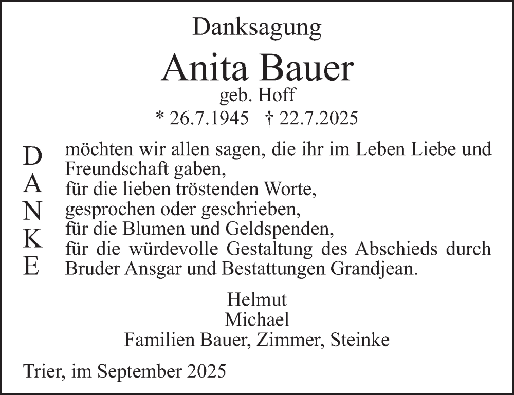  Traueranzeige für Anita Bauer vom 06.09.2025 aus trierischer_volksfreund