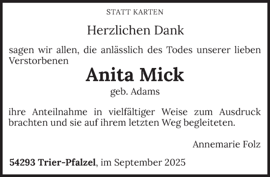 Traueranzeige von Anita Mick von trierischer_volksfreund