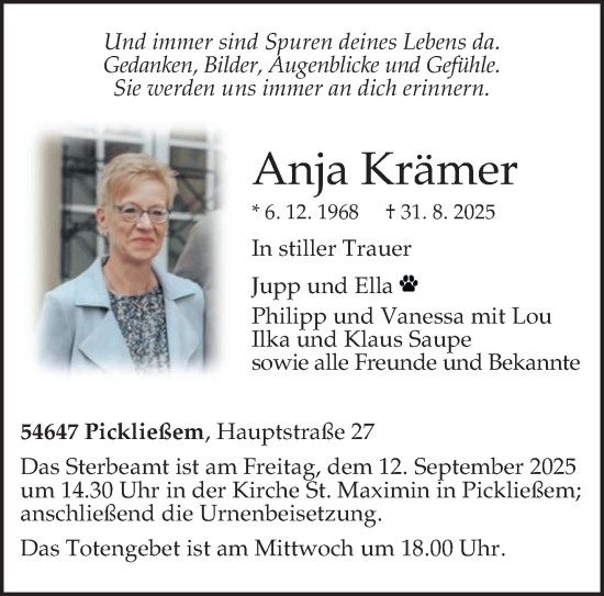 Traueranzeige von Anja Krämer von trierischer_volksfreund