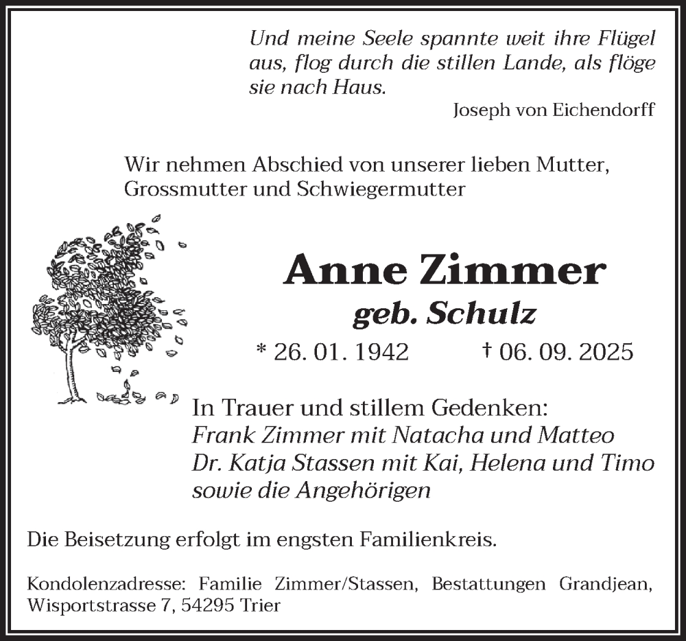  Traueranzeige für Anne Zimmer vom 11.09.2025 aus trierischer_volksfreund