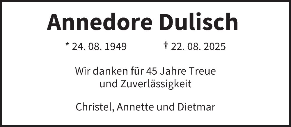  Traueranzeige für Annedore Dulisch vom 06.09.2025 aus trierischer_volksfreund
