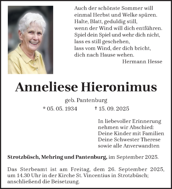 Traueranzeige von Anneliese Hieronimus von trierischer_volksfreund