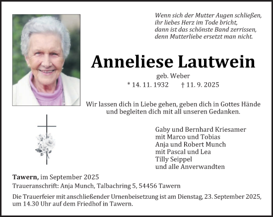 Traueranzeige von Anneliese Lautwein von trierischer_volksfreund