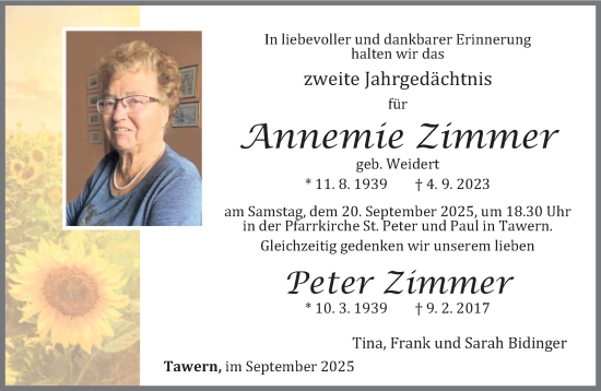 Traueranzeige von Annemie und Peter Zimmer von trierischer_volksfreund