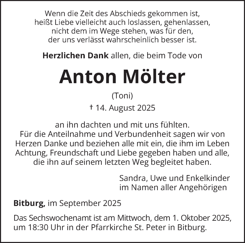  Traueranzeige für Anton Mölter vom 27.09.2025 aus trierischer_volksfreund