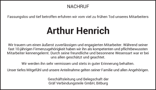 Traueranzeige von Arthur Henrich von trierischer_volksfreund