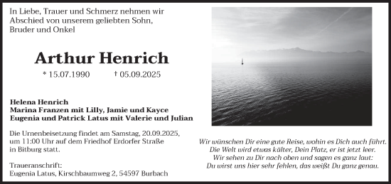 Traueranzeige von Arthur Henrich von trierischer_volksfreund