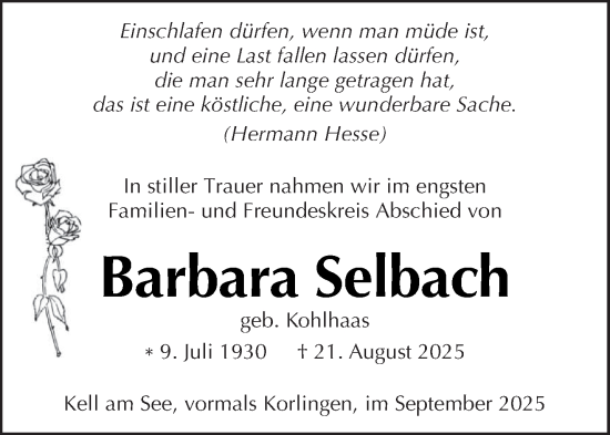 Traueranzeige von Barbara Selbach von trierischer_volksfreund