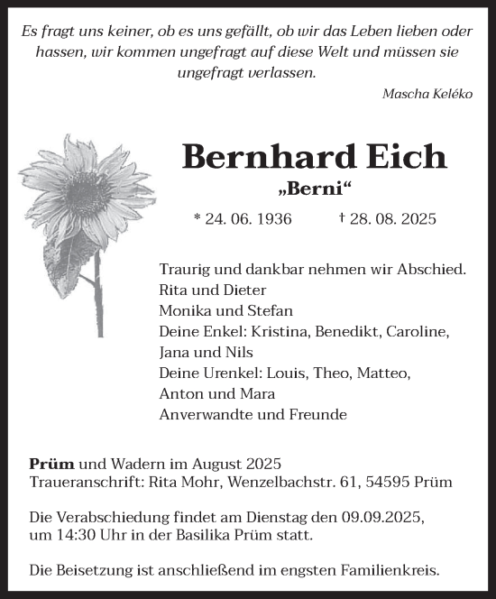 Traueranzeige von Bernhard Eich von trierischer_volksfreund