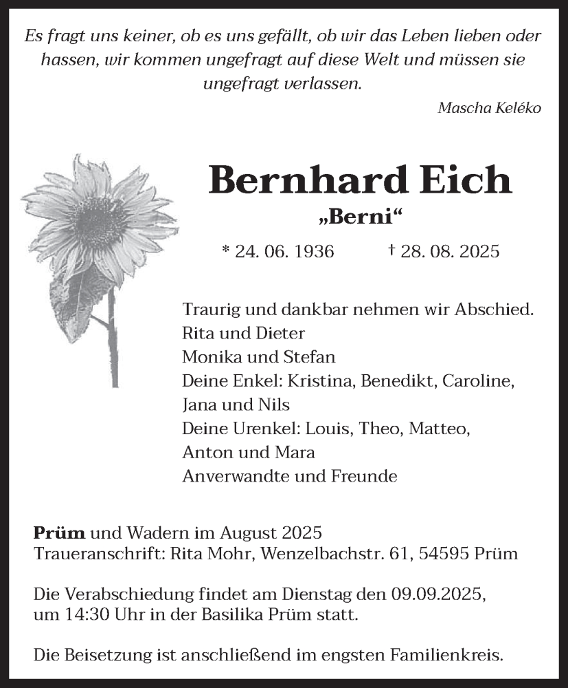  Traueranzeige für Bernhard Eich vom 03.09.2025 aus trierischer_volksfreund