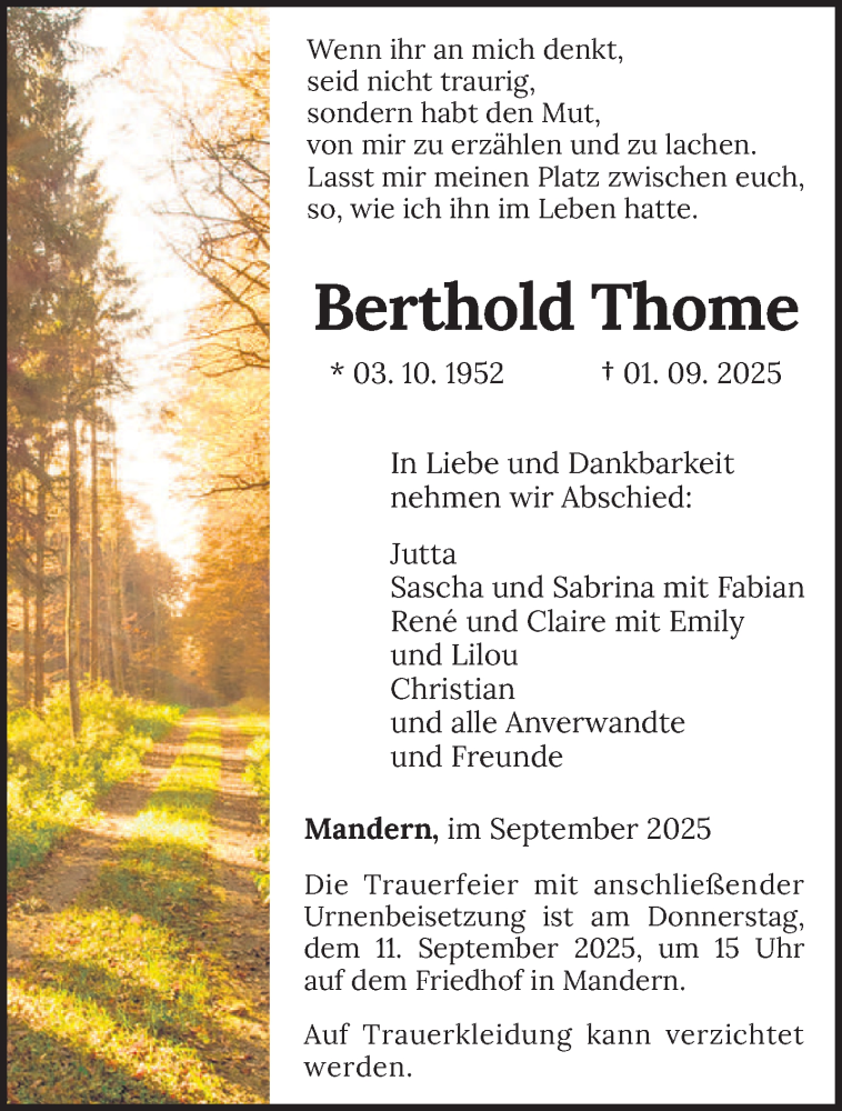 Traueranzeige für Berthold Thome vom 06.09.2025 aus trierischer_volksfreund