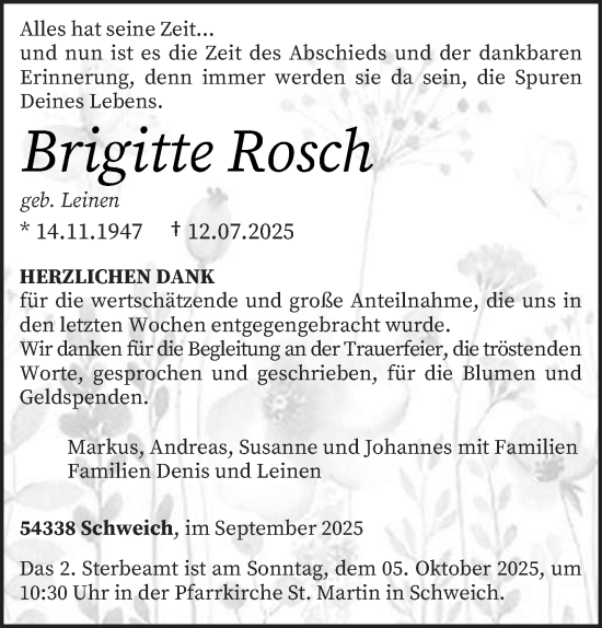 Traueranzeige von Brigitte Rosch von trierischer_volksfreund