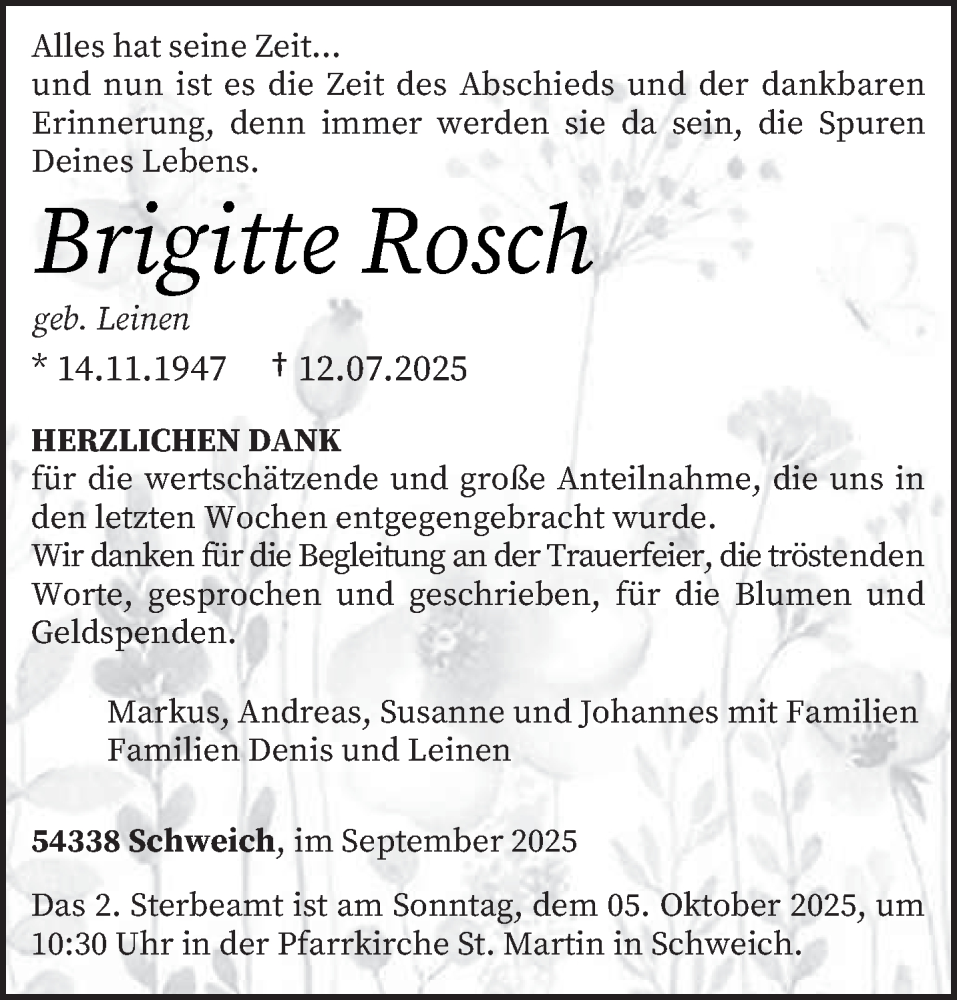  Traueranzeige für Brigitte Rosch vom 27.09.2025 aus trierischer_volksfreund