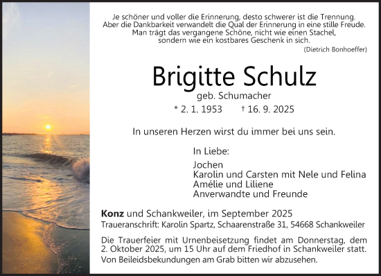 Traueranzeige von Brigitte Schulz von trierischer_volksfreund