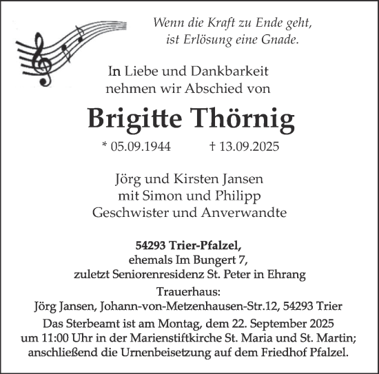 Traueranzeige von Brigitte Thörnig von trierischer_volksfreund