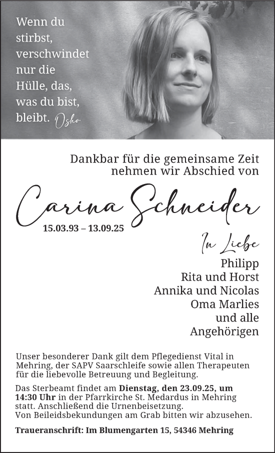 Traueranzeige von Carina Schneider von trierischer_volksfreund