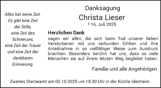 Traueranzeige von Christa Lieser von trierischer_volksfreund