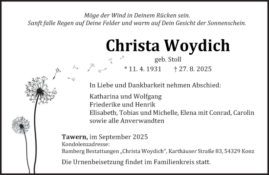Traueranzeige von Christa Woydich von trierischer_volksfreund