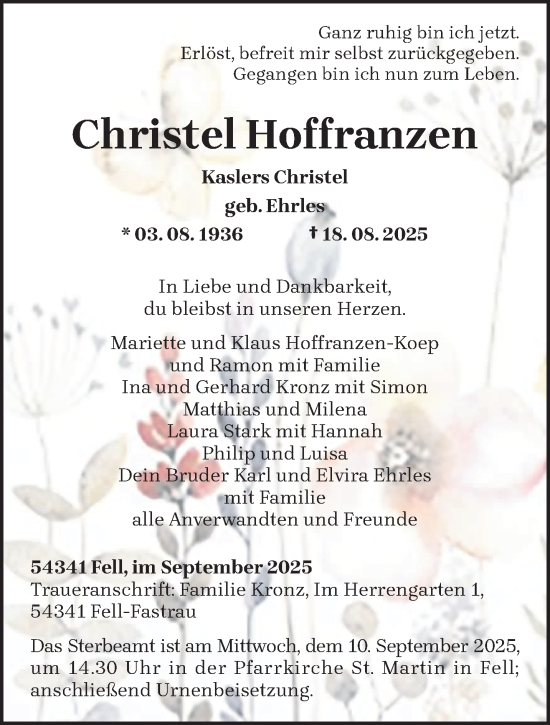 Traueranzeige von Christel Hoffranzen von trierischer_volksfreund