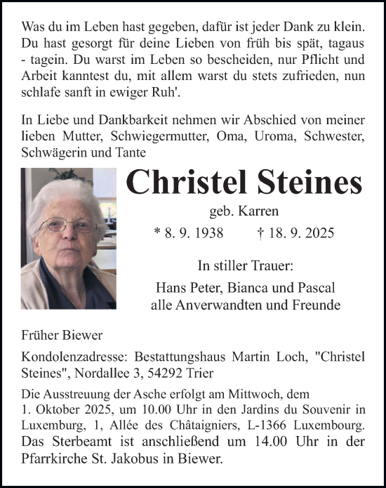 Traueranzeige von Christel Steines von trierischer_volksfreund