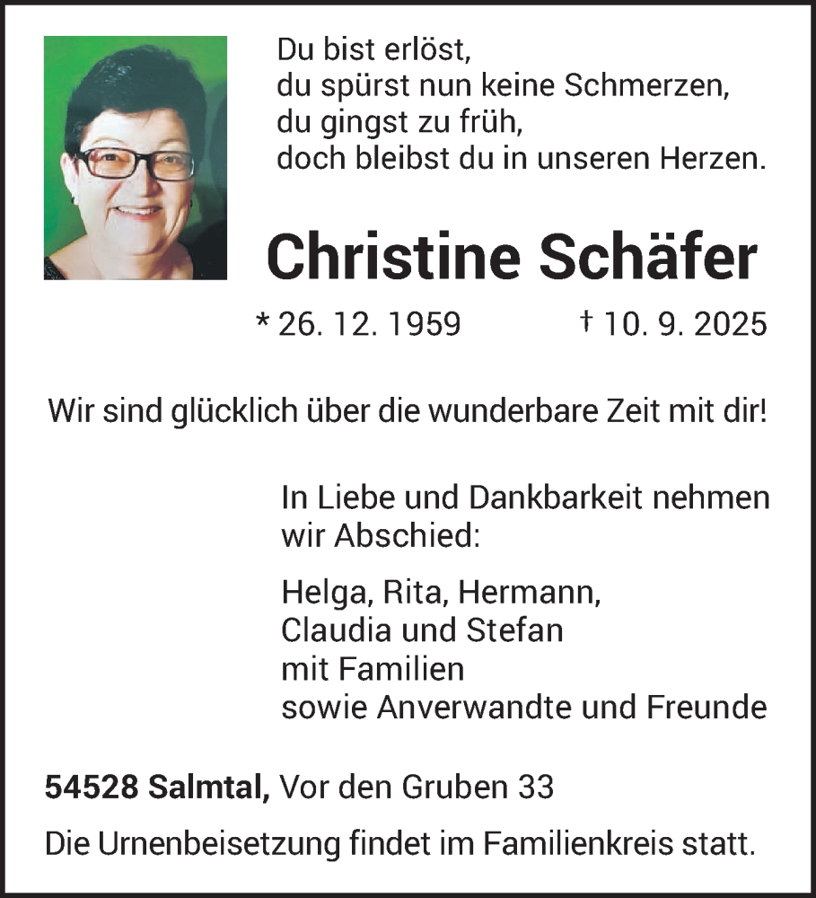  Traueranzeige für Christine Schäfer vom 13.09.2025 aus trierischer_volksfreund